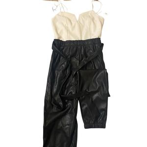 Ivory and Black Leather Jumpsuit